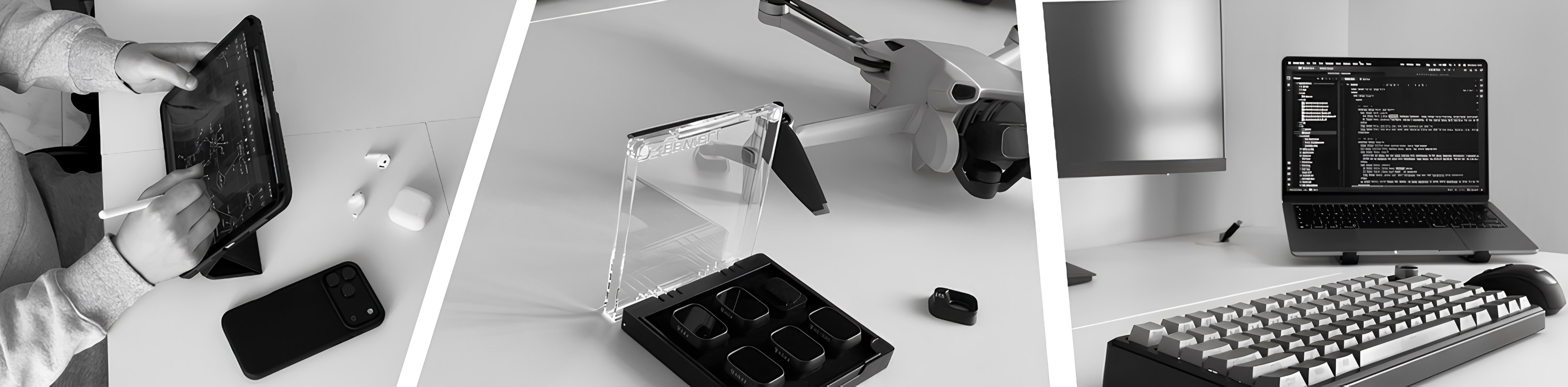 Il mio setup in tre scatti: iPad con Apple Pencil, drone DJI Mini 3 e MacBook con il codice aperto